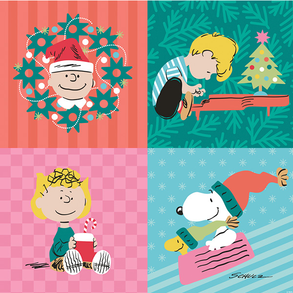 Four-panel Peanuts holiday illustration featuring Charlie Brown, Schroeder, Sally, and Snoopy. Top left shows Charlie Brown in a Santa hat framed by a Christmas wreath; top right shows Schroeder playing a red piano beside a decorated Christmas tree; bottom left shows Sally sitting with a red drink topped with whipped cream and a candy cane; bottom right shows Snoopy and Woodstock in winter hats and scarves riding on a pink sled against a snowy blue background.