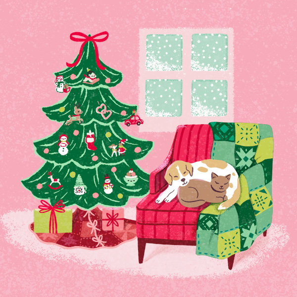An illustration of a vintage-inspired Christmas tree standing next to a red slipper chair; on the chair, a cat and a small dog are curled up together, napping on a green patchwork quilt that's draped over half of the chair back and seat.