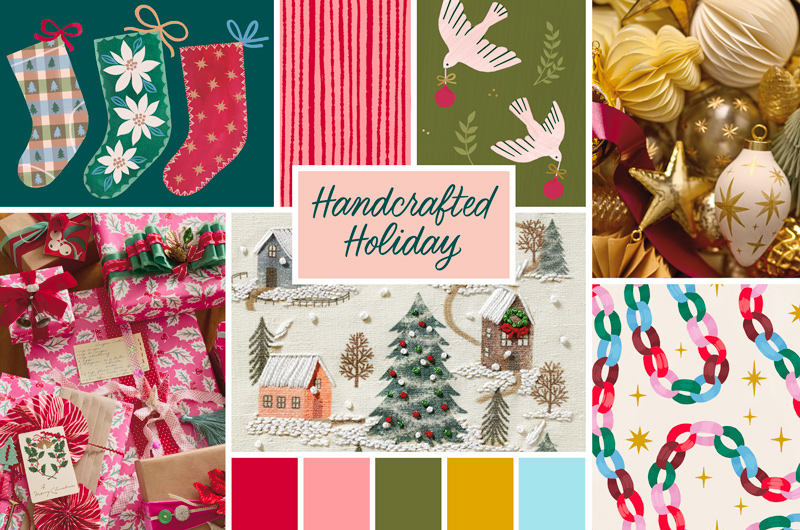 Holiday design mood board featuring handcrafted Christmas-inspired patterns and textures, including illustrated stockings, wrapped gifts, birds with ornaments, gold holiday baubles, a snowy village scene with a decorated tree, colorful paper-chain patterns, and coordinating color swatches. Center text reads “Handcrafted Holiday.”