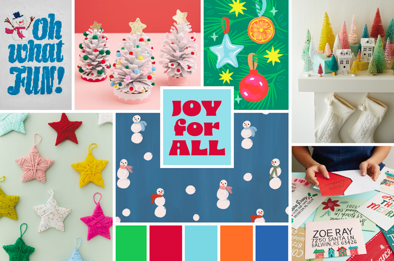 Holiday trend mood board titled “JOY FOR ALL,” featuring colorful handcrafted Christmas decor and playful seasonal designs. The collage includes stitched artwork reading “Oh what fun!,” miniature white tabletop trees decorated with pom-pom ornaments, illustrated ornaments and snowmen, pastel bottlebrush trees with tiny village houses, woven star ornaments, and holiday cards and envelopes. Coordinating color swatches in green, red, light blue, orange, and navy appear along the bottom.