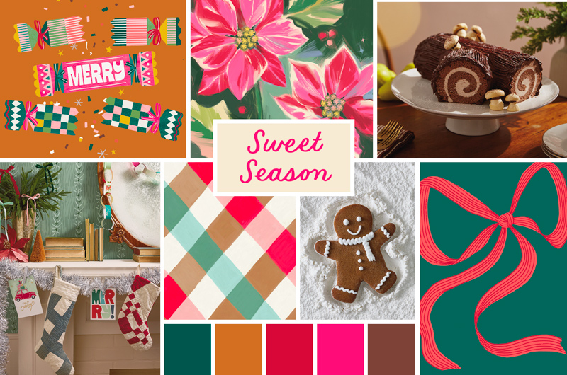 Product roundup featuring six holiday-themed items on a light background: a Disney Mickey Mouse Gingerbread Throw Pillow shaped like a gingerbread-style Mickey head with snowflake details, a Disney Merry Sweetsmas Mug with Mickey and Minnie artwork and the text “Merry Sweetsmas,” a Gingerbread Man Cookie Hallmark Ornament, a Hallmark Red Ribbon Bow Pin with candy cane stripes, a Nutcracker Paper Craft Christmas Card with a matching envelope, and a Poinsettias on Cream Christmas Gift Bag decorated with large pink and red poinsettia flowers and green foliage.