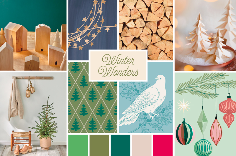 Holiday trend mood board titled “Winter Wonders,” featuring natural and Scandinavian-inspired Christmas décor. The collage includes wooden house figurines, star garlands, stacked firewood, minimalist wooden trees, a small potted evergreen, illustrated evergreen patterns, a white bird among winter foliage, and hanging ornament artwork. Soft, earthy color swatches in green, olive, teal, beige, and berry red appear along the bottom.